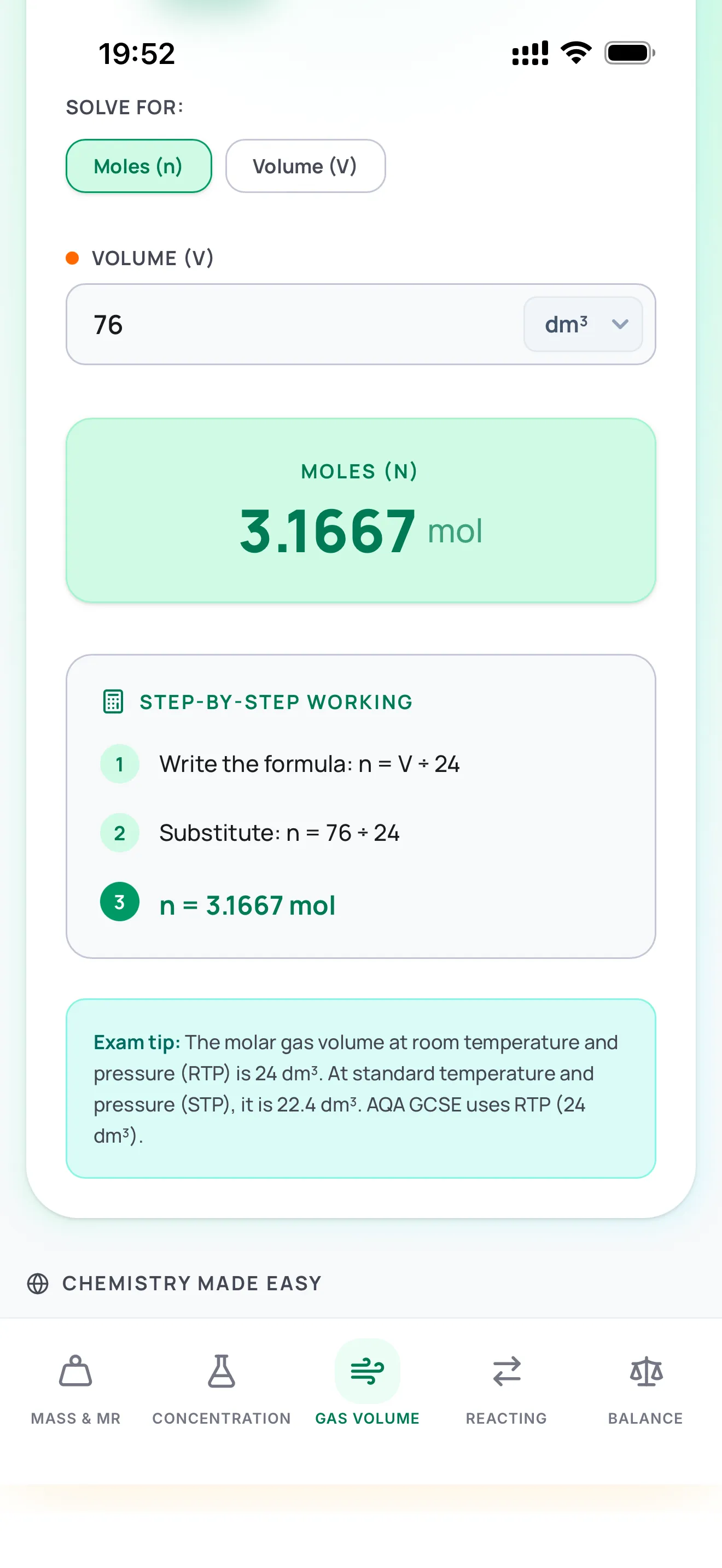 ChemCalc Gas Volume calculator showing moles result of 3.1667 mol with step-by-step working and exam tip about RTP and STP