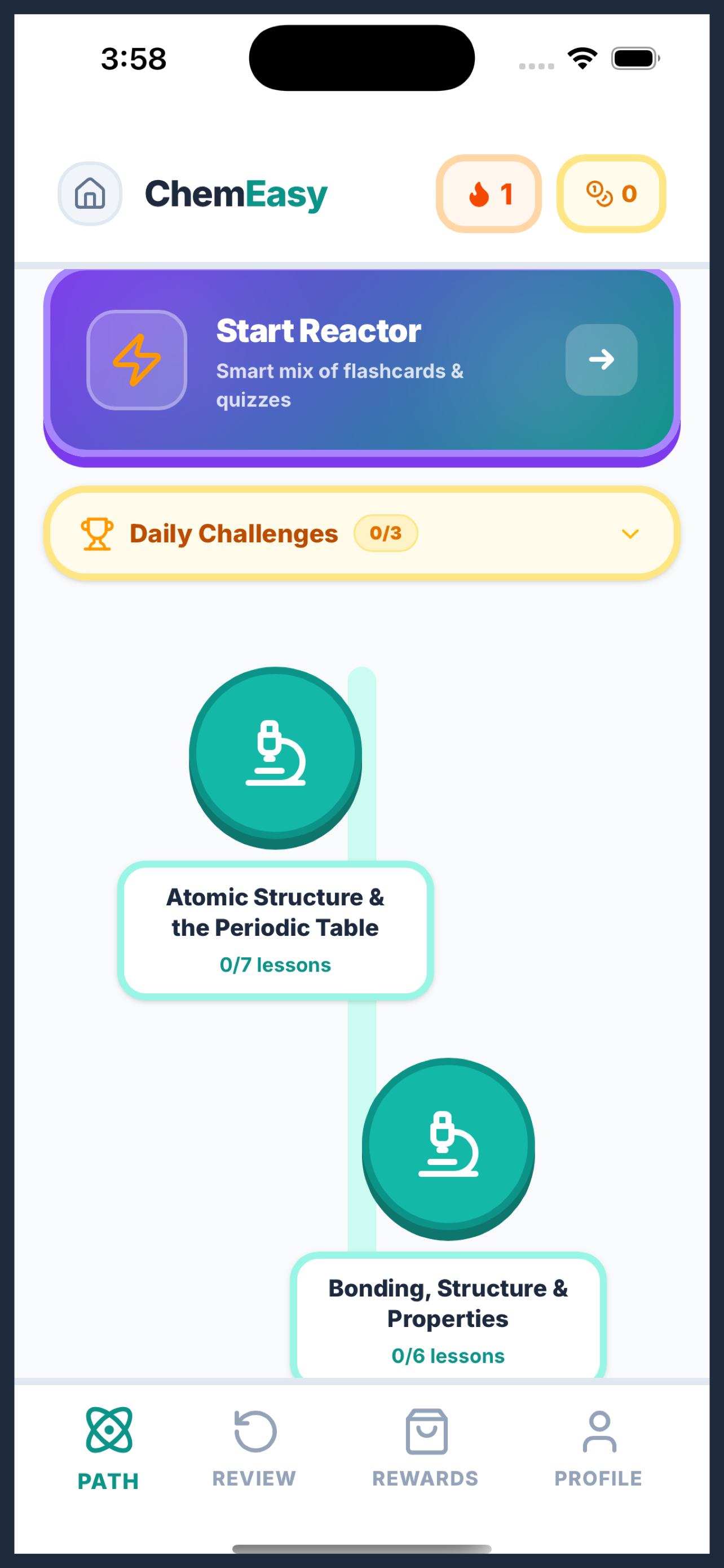 ChemEasy app showing the gamified learning path with daily challenges, topic progression for AQA GCSE Chemistry, and streak tracking