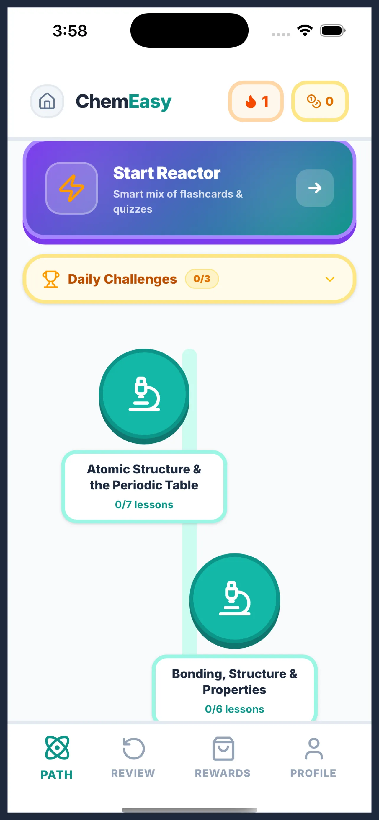 ChemEasy app showing the gamified learning path with daily challenges, topic progression for AQA GCSE Chemistry, and streak tracking