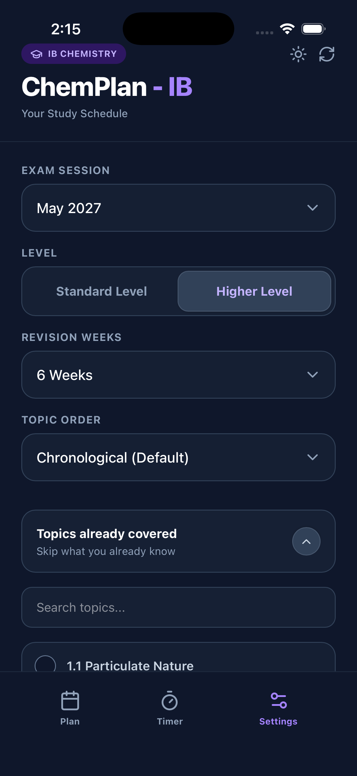 ChemPlan IB setup screen showing exam session, SL/HL level, revision weeks, and topic selection options