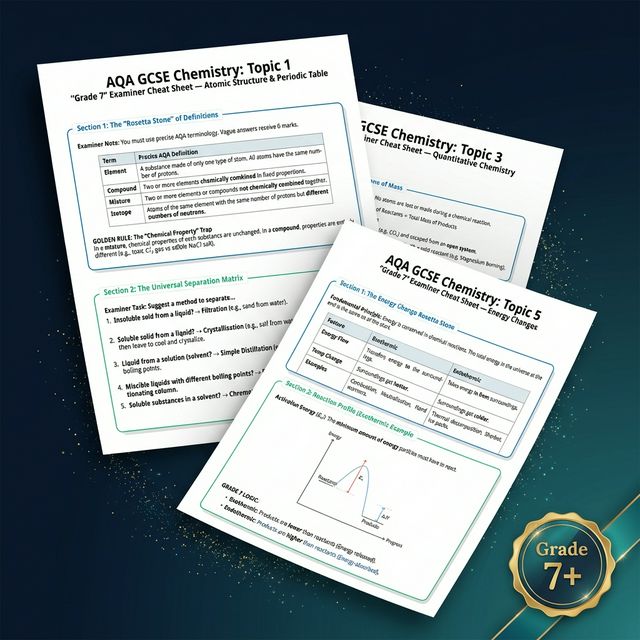 Preview of AQA Chemistry Grade 7 Examiner Cheat Sheets showing definition tables, worked examples, and reaction profile diagrams
