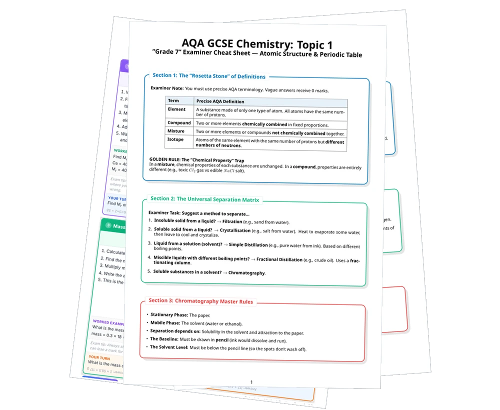 Preview of AQA GCSE Chemistry revision sheets showing definition tables, calculations, and exam traps