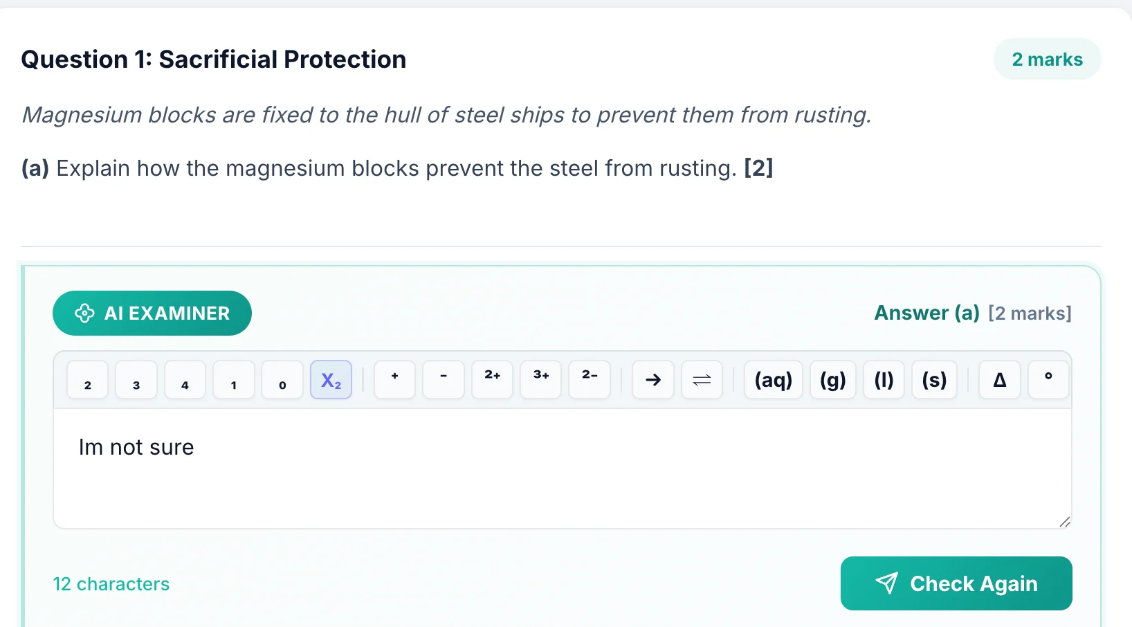 Student answering past paper question with chemical toolbar