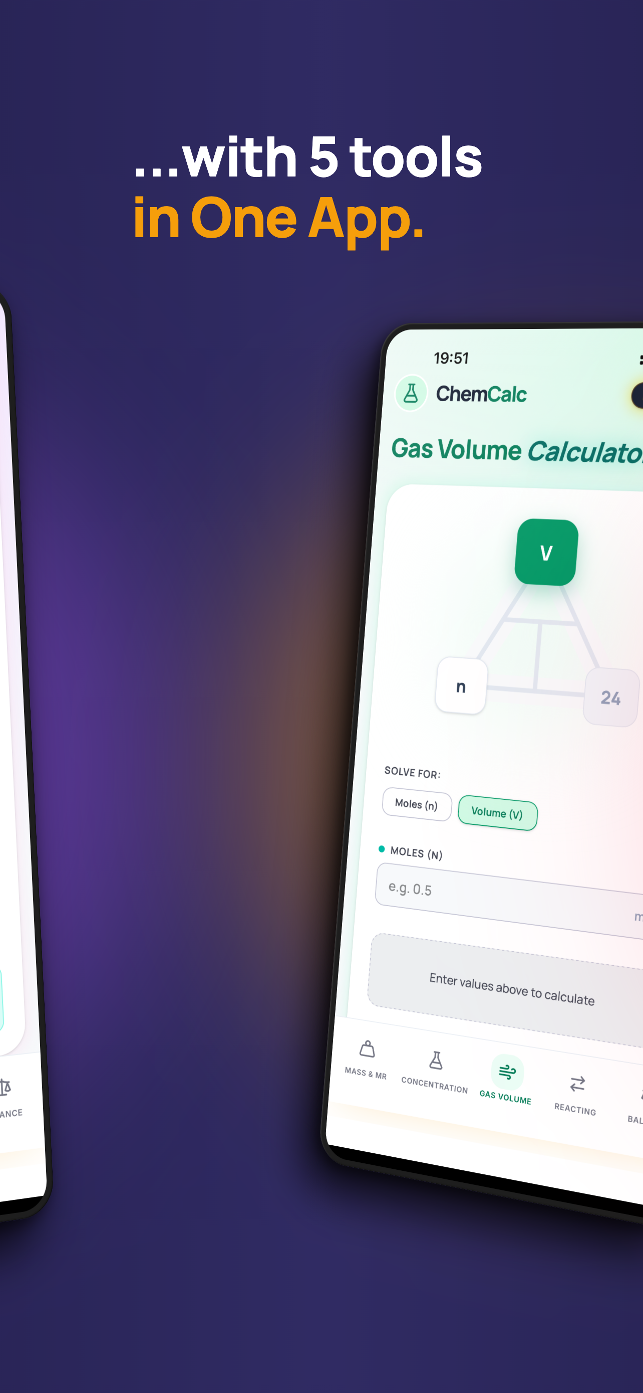 ChemCalc showing the Gas Volume Calculator with the V, n, and 24 formula triangle and five calculator tabs at the bottom: Mass and Mr, Concentration, Gas Volume, Reacting, and Balance