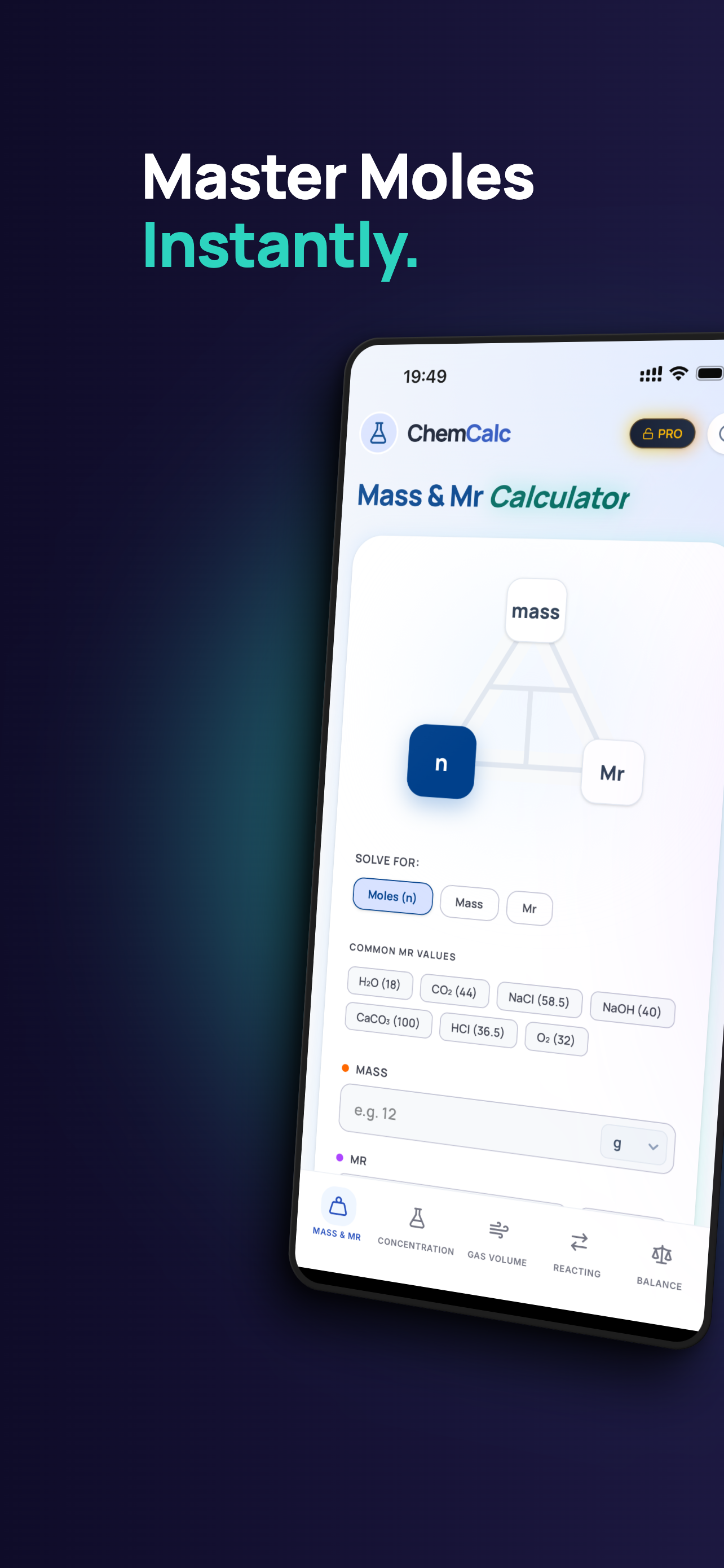 ChemCalc Mass and Mr Calculator showing the interactive formula triangle with mass, moles, and Mr, plus common Mr values for H2O, CO2, NaCl, and more