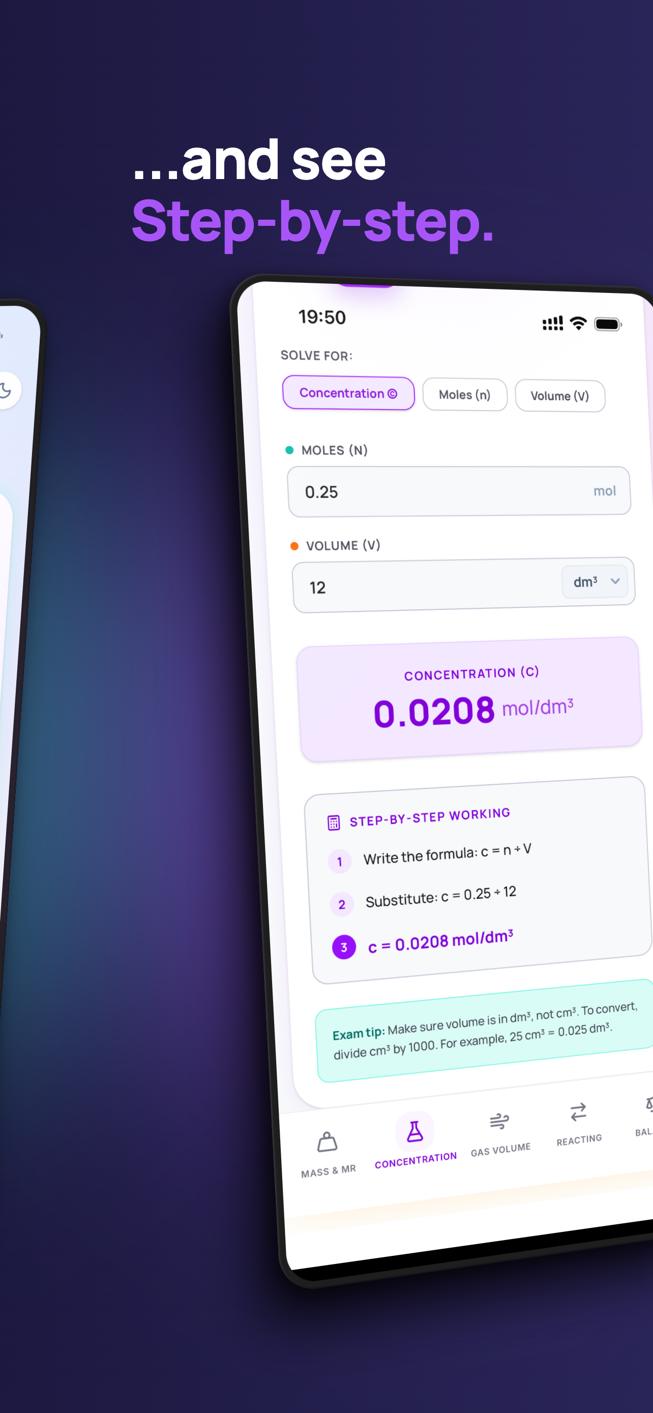 ChemCalc Concentration Calculator showing step-by-step working: write the formula c equals n divided by V, substitute c equals 0.25 divided by 12, and the final answer 0.0208 mol per dm cubed, with an exam tip about unit conversion