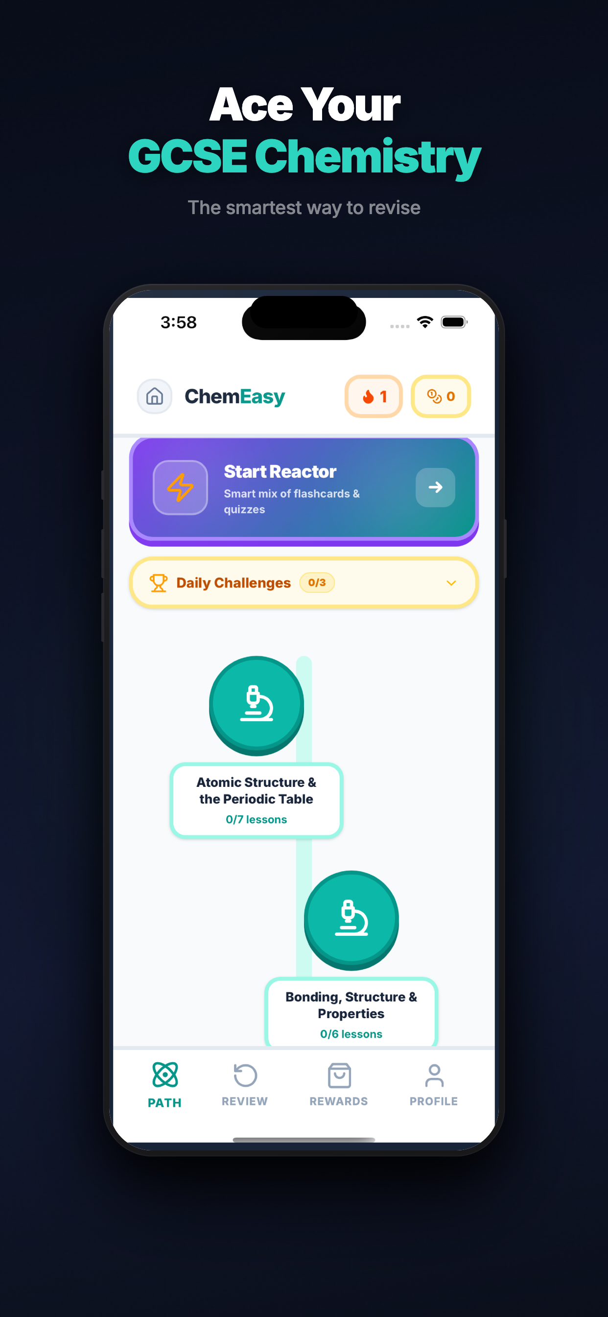 ChemEasy home screen showing the GCSE learning path with topic nodes for Atomic Structure, Bonding, the Reactor smart revision tool, daily challenges, and streak tracking