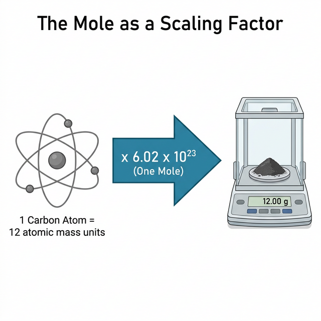 Diagram showing the mole as a scaling factor: one carbon atom with 12 atomic mass units, multiplied by Avogadro's constant (6.02 x 10 to the 23), equals 12.00 grams on a laboratory balance