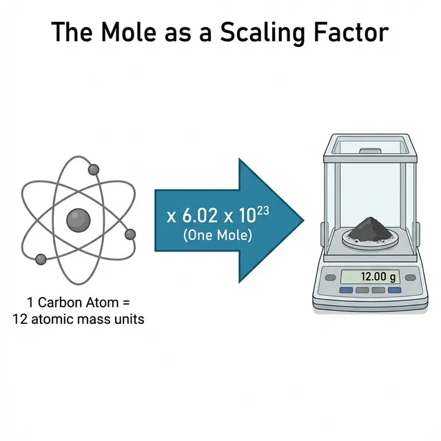 Diagram showing the mole as a scaling factor: one carbon atom with 12 atomic mass units, multiplied by Avogadro's constant (6.02 x 10 to the 23), equals 12.00 grams on a laboratory balance